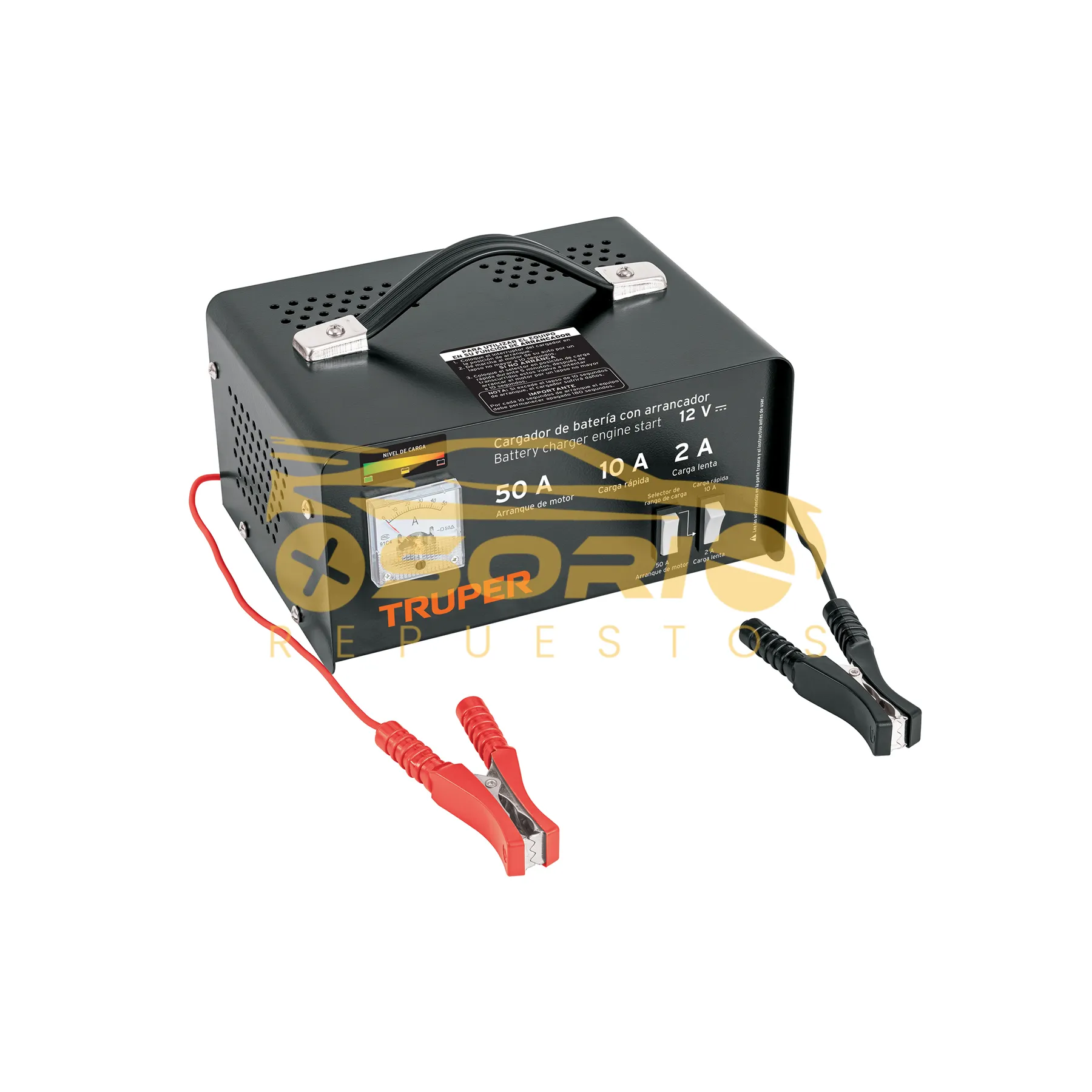cargador de baterias 10 a arrancador de 50a 12v truper 13 cm altura x 18cm ancho 13027